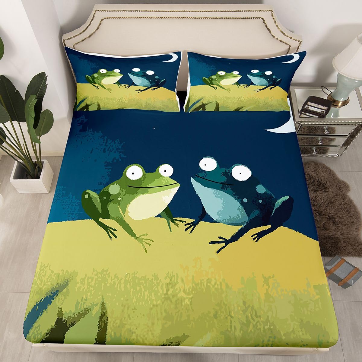 Erosebridal Frog Sheet Set Full | Hand Drawn Animals Bed Sheets for Kids Boys Girls Cartoon Wildlife Flat Fitted Sheet Night Starry Sky Sheets 3 Pcs