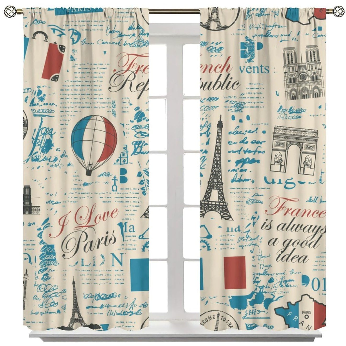 Eiffel Tower Curtains French Flag Paris Architecture Vintage Newspaper Retro Travel Pattern Rod Pocket Window Treatments Living Room Kids Bedroom 2 Panels Set 41" x 45" （No Blackout）