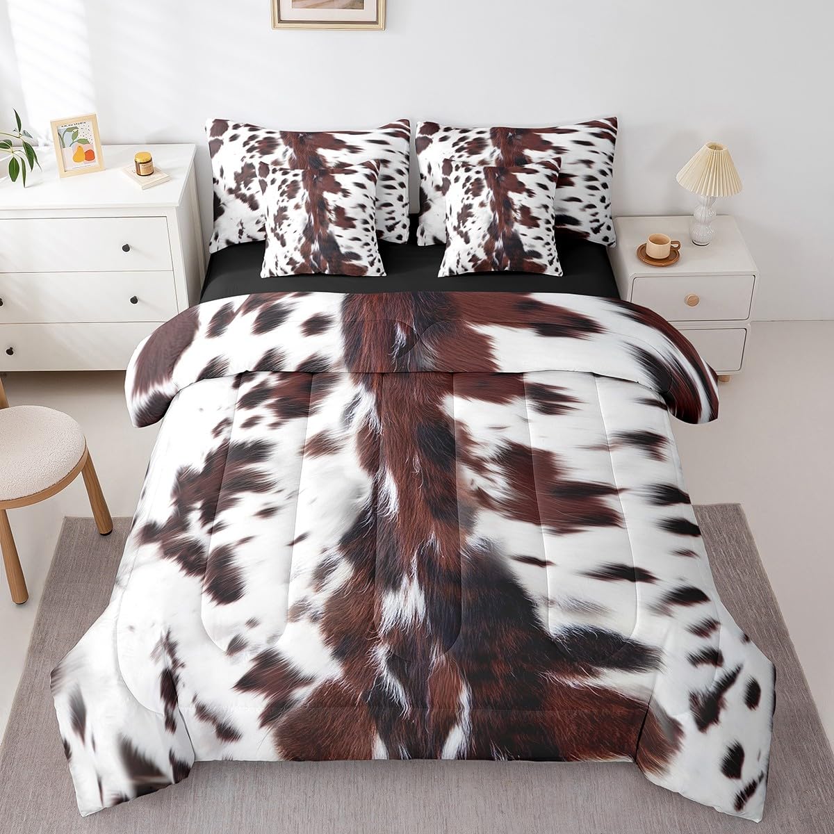 7 Piece Brown Cow Print Bed in a Bag Twin for Boys Girls Teens Western Rustic Farmhouse Theme Sheet Set Wild Animal Fur Print Bedding Set with Comforter, Black White Aztec Cow Print Cushion Covers