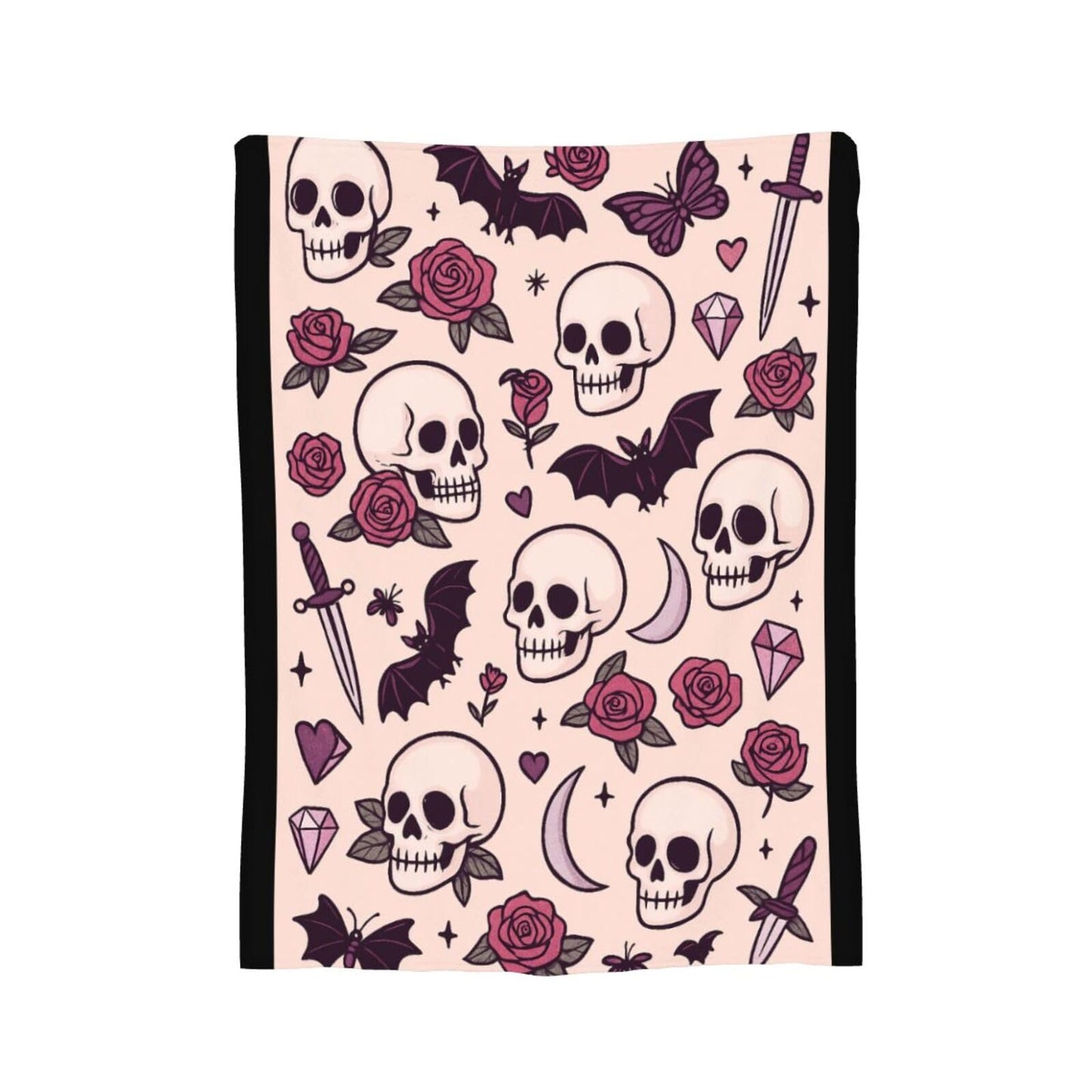 Gothic Pink Blanket Skull Skeleton Rose Bat Throw Blanket for Gothic Lover for Women Girls Adults Cozy Fleece Fuzzy Soft Flannel Plush Warm Bedding Stuff for Sofa Bed Couch 40 x 50 Inch