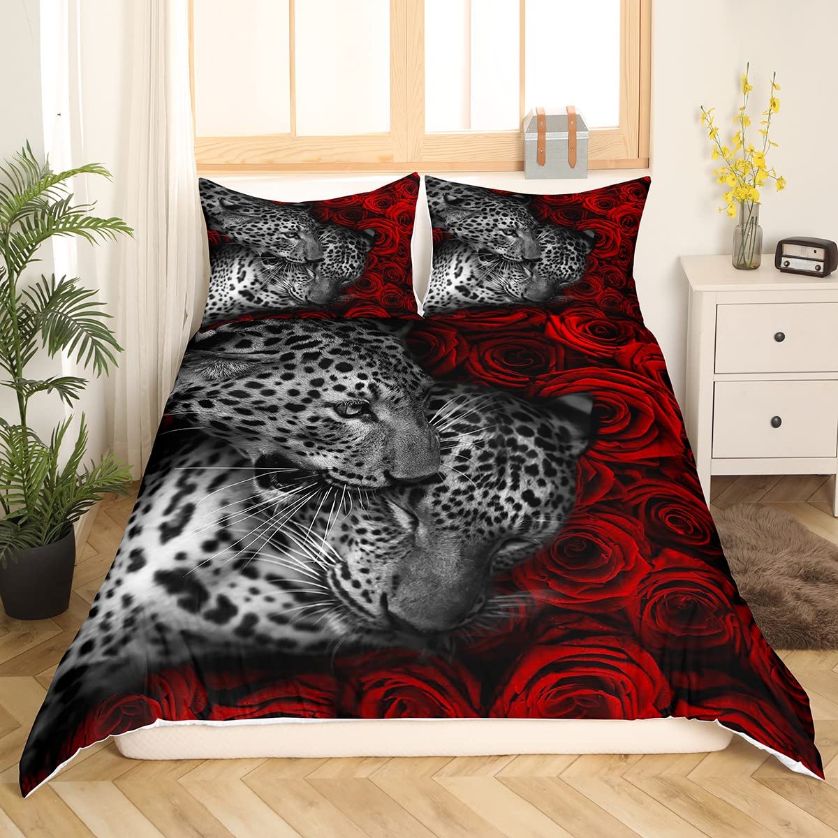 Red Rose Bedding Set Queen,Leopard Printed Comforter CoverGirls,Kids Wild Animals Duvet Cover Set Romantic Flowers Bedspread Cover Fashion Teens Bedroom Decor 3 Pcs Bed Collection(No Comforter)
