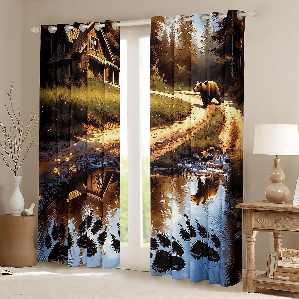 Feelyou Bear Blackout Curtains Wild Animal Darkening Drapes for Bedroom Living Room Decor Rustic Cabin Country Thermal Insulated Shades Nature Wildlife Bear Window Treatments, 2 Panels 52 x 84 Inch