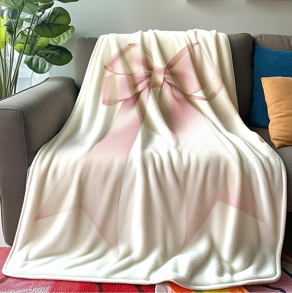 HUNXIAOJ Pink Bow Throw Blanket Bow Gift for Girls Bowknot Blanket Bowknot Bedding Warm Soft Flannel for Girls Boys Woman Teens Adults Bed Sofa Couch (49in x 59in)