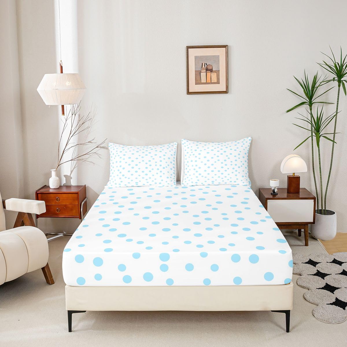 jejeloiu Polka Dots Fitted Sheet Full Size for Kids Boys Girls White Blue Bed Sheets Set 16" Deep Pocket Soft Breathable Circles Geometric Bedding with 2 Pillowcases Modern Simple Room Decor