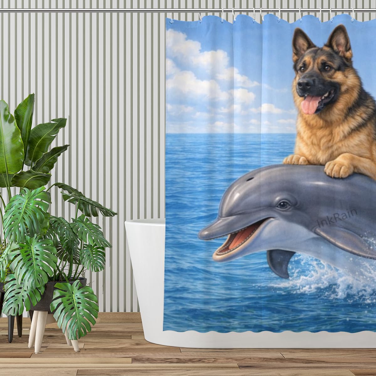 InkRain Ocean German Shepherd Shower Curtain with 12 Hooks Cute Puppy Riding Dolphin Bathroom Decor Waterproof Polyester Fabric Coastal Beach Bath Curtain 60x72 Inch