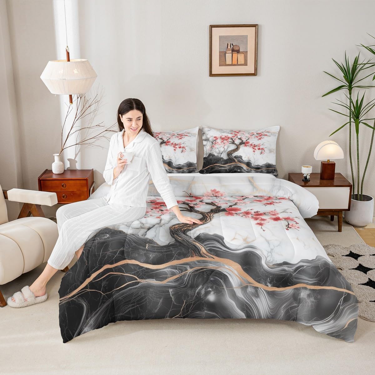 Manfei Cherry Blossom Comforter Set Queen Size,Artistic Black White Marble Texture Paint Bedding Set for Teens Adults,Japanese Style Pink Red Flowers Romantic Comforter,3 Pcs 2 Pillowcases