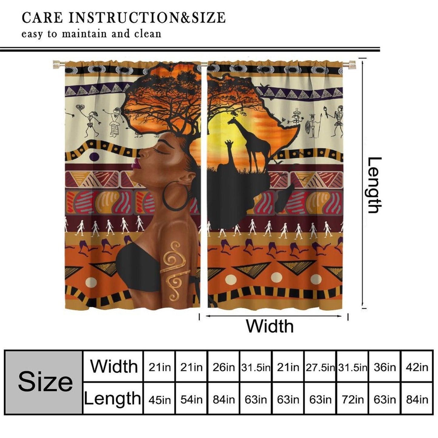 Fblifil African Woman Curtain Abstract Sunset Landscape Wild Life Geometric Printed Rod Pocket Window Treatments for Girls Bedroom Living Room Decor 42" W X 45" L