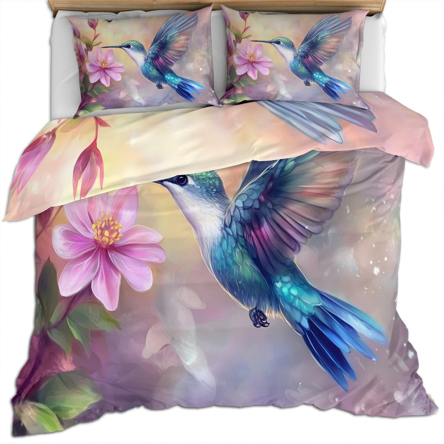 PAISUOQ Hummingbird Bedding, Rustic Paintings Duvet Cover Full, Country Bird Comforter Cover with Zipper Ties, 3 Pieces with 2 Pillowcases, Home Decor & Gifts