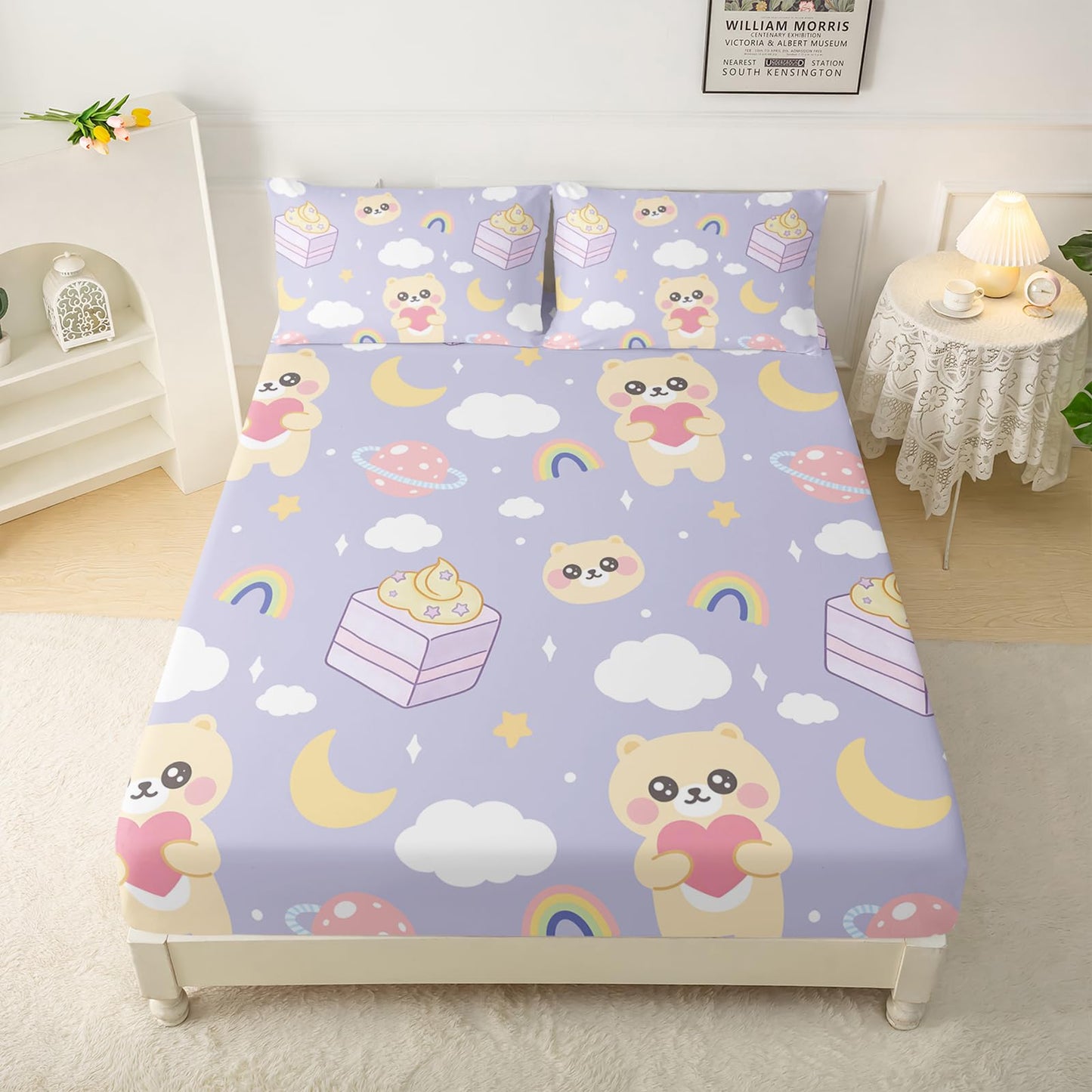 QOOMO Kawaii Kids Sheets Twin Size,Kawaii Bear 16" Deep Pocket Bed Sheet Set,Milk Printed Bedroom Decor Sheet Set Soft and Breathable for Girls/Kids/Teens,Twin Size