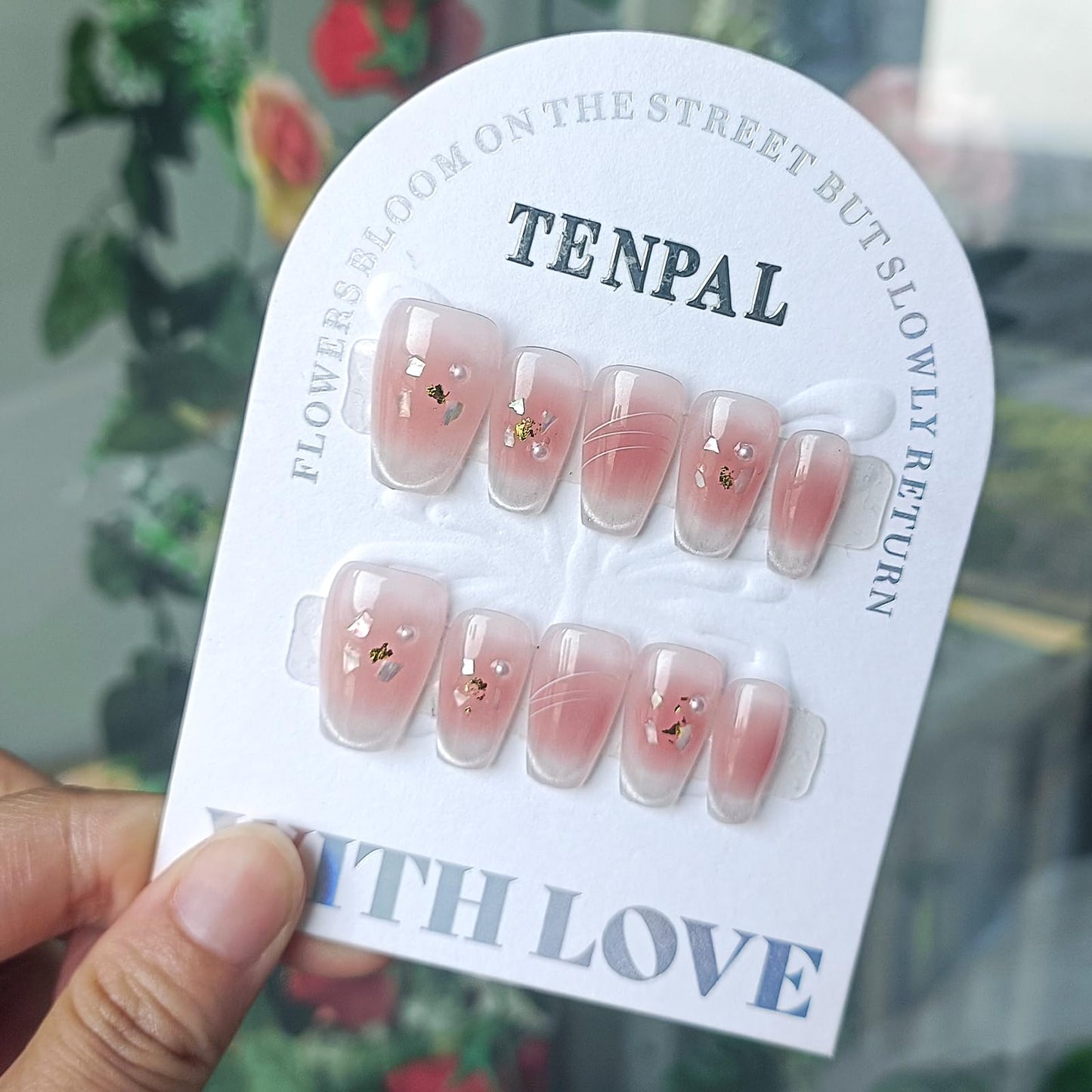 TENPAL 10Pcs Handmade Press on Nails with Kit | Pearl Blush Cat Eye Coffin Nails | Gold Leaf & Mother-of-Pearl Gradient Fake Nails Press ons | K-Beauty Sweet Detachable Pink Glue on Nails Set(XS)