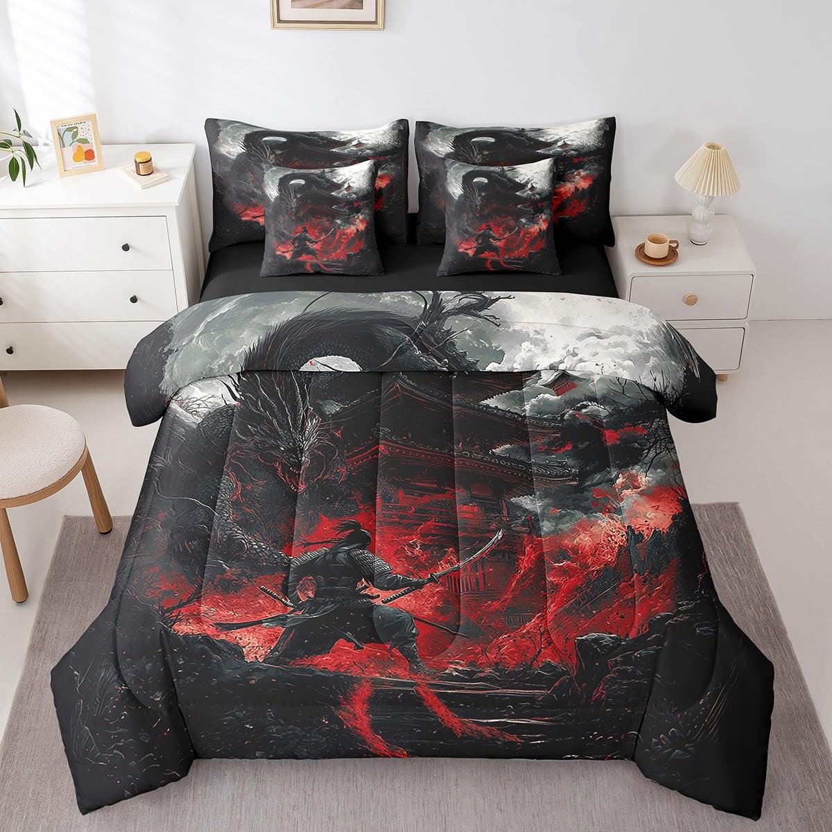 Feelyou Dragon Comforter Set with Sheets Twin Size Japanese Style Bed in a Bag for Boys Girls Teens Samurai 7 Pieces Bedding Set Dragon Decor Bed Set Room Decor Black Red