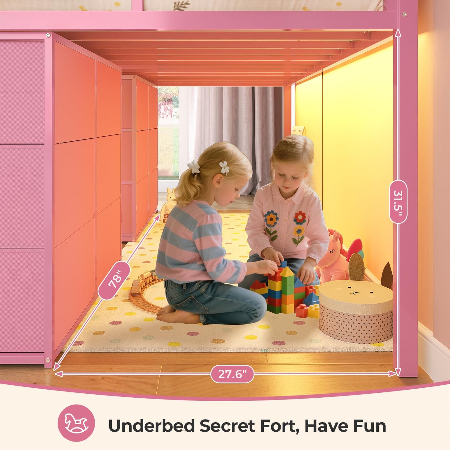 ADORNEVE Low Loft Bed Twin Size with 8 Storage Drawers, Twin Loft Bed with Bookcase and LED Lights, Metal Kids Loft Bed with 14" H Safety Guardrail, Under-Bed Play Space, No Box Spring Needed, Pink