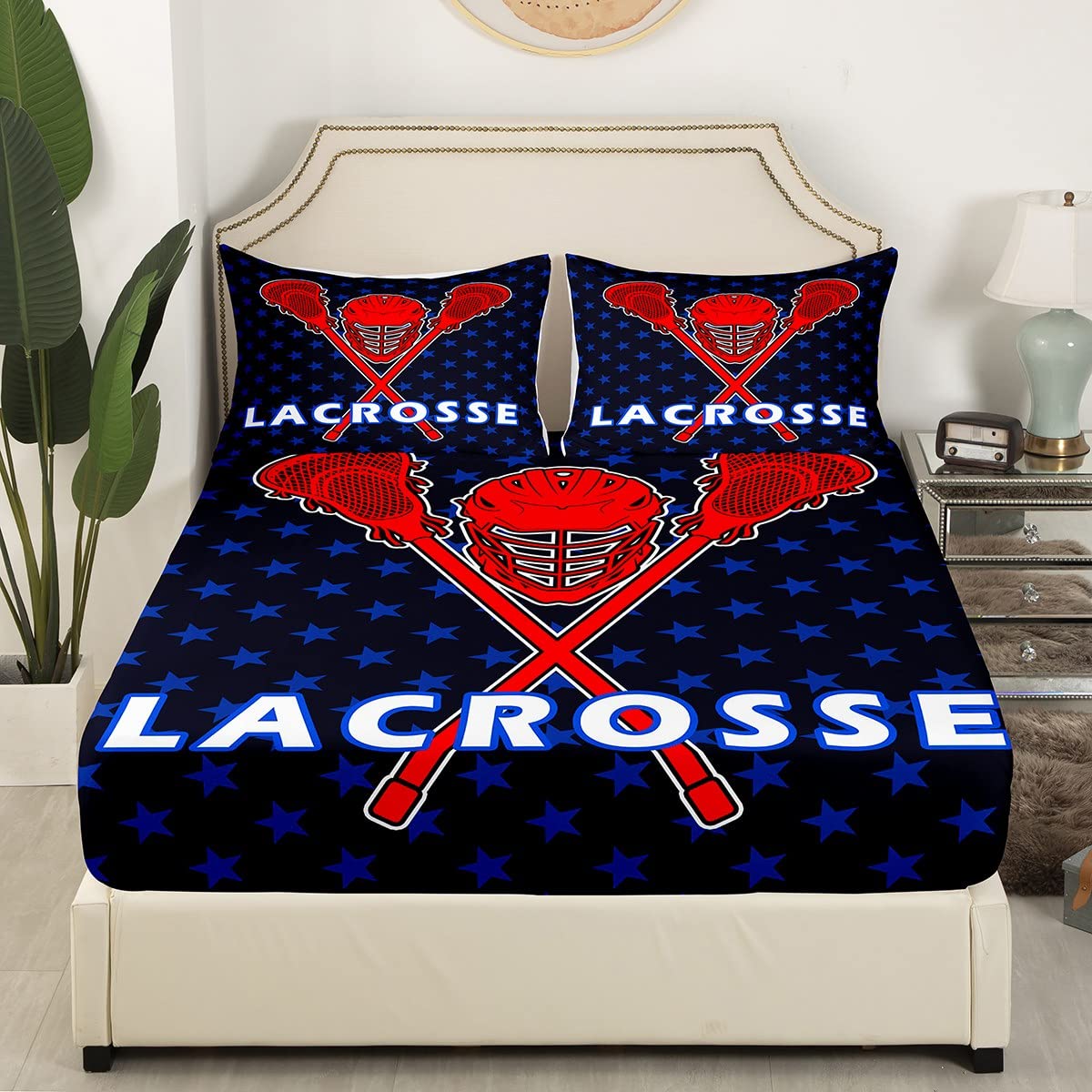 Lacrosse Fitted Sheet Blue Stars Lacrosse Balls Sticks Bedding Set for Kids Boys Girls Sports Games Bed Sheets Set Breathable Hockey Bed Cover Winter Sports Room Decor Bed Set Full Size