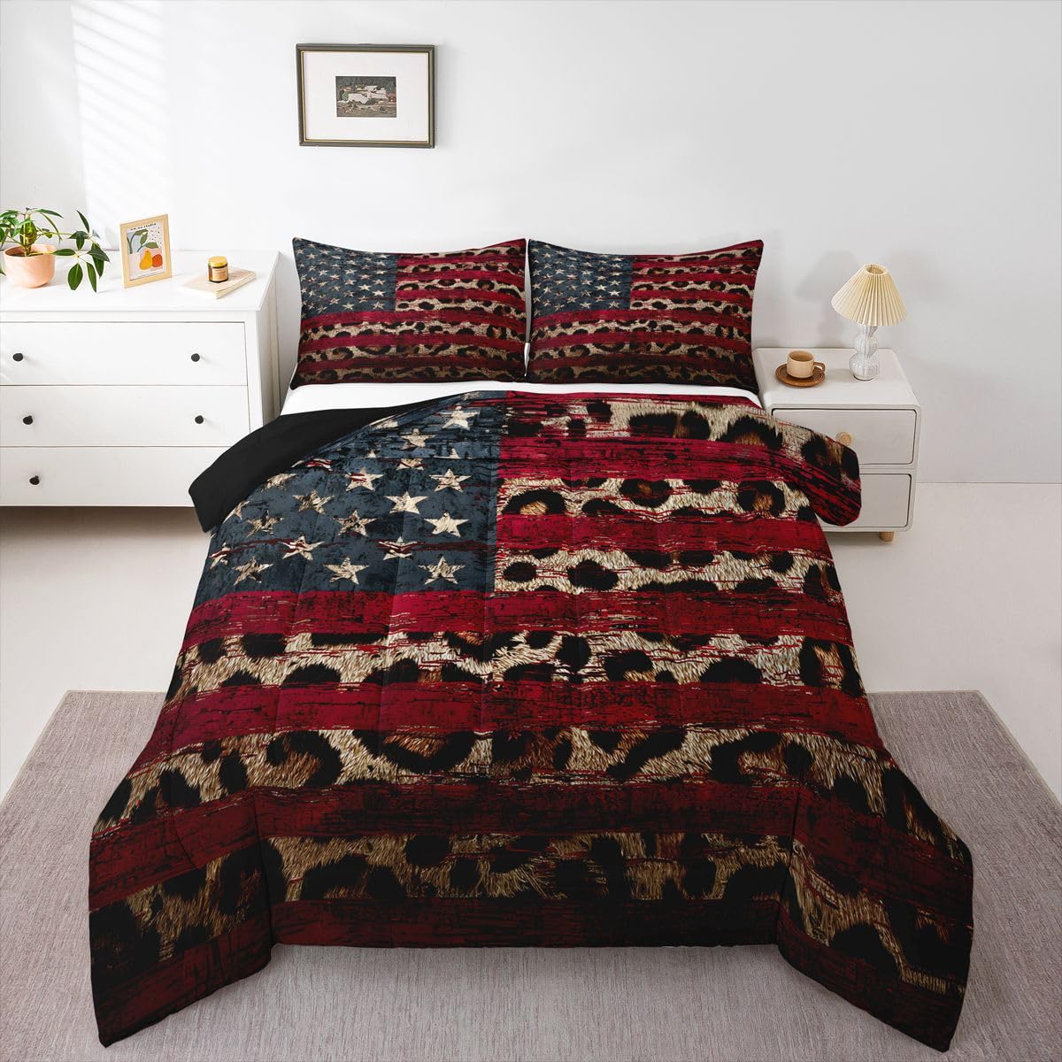 jejeloiu Leopard Print Bedding Set Soft for Boys Girls, American Flag Comforter Set Queen Size Cheetah Print Duvet Quilt Microfiber Modern Art Bedroom Decor 3 Pcs with 2 Pillow Cases