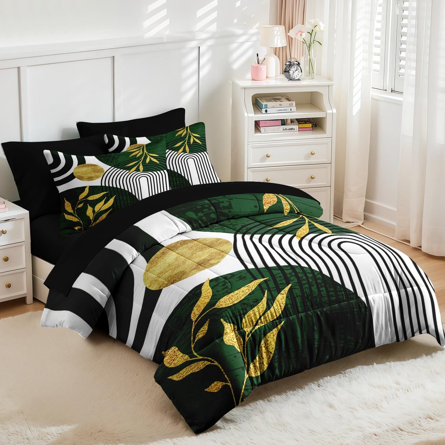 Nesker Comforter Set King Size, Green Boho Golden Leaves 7 Pcs Bedding for Kids and Adults, Mid Century Abstract Bed Sheet Sets with Fitted Sheet 2 Pillowcases & 2 Shams