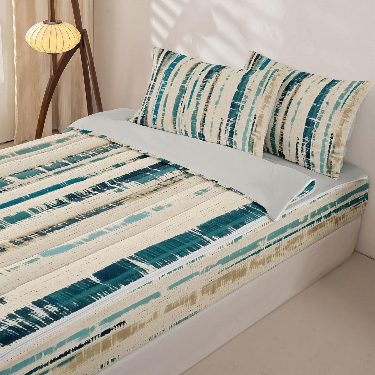 Feelyou Textured Coastal Stripe Zipper Bedding Queen Abstract Teal Ombre Bedding Sets for Kids Boys Girls Modern Comforter Set with Fitted Sheet 2 Pillowcases One Zipper Bed Set for All Seasons