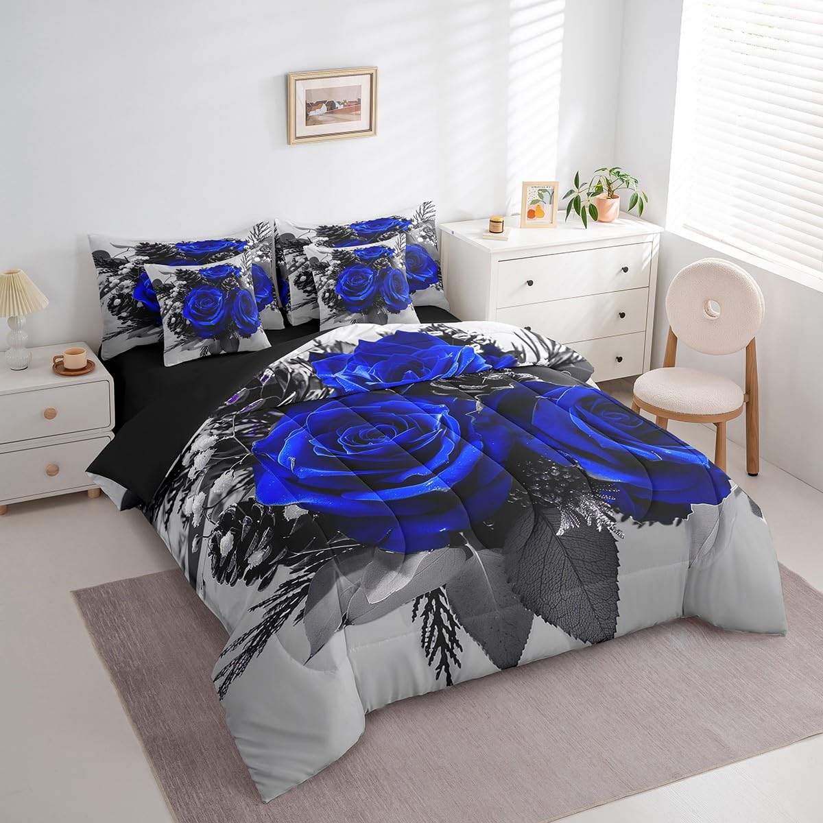 Erosebridal Blue Rose 7 Pcs Comforter Set Full,Romantic Valentine's Day Bed in a Bag with Flat Sheet and Fitted Sheet,Garden Farmhouse Botanical Floral Flowers Blue Bedding Set with Pillowcase & Sham