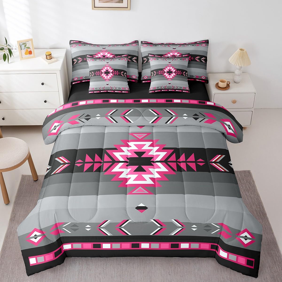 Southwest Native American Bedding Set Queen Southwestern Geometric 7 Piece Bedding Set Decor Tribal Rose Pink Grey Black Bed Set Includes Comforter, Sheet Set, Pillowcases & Pillow Covers Modern Art