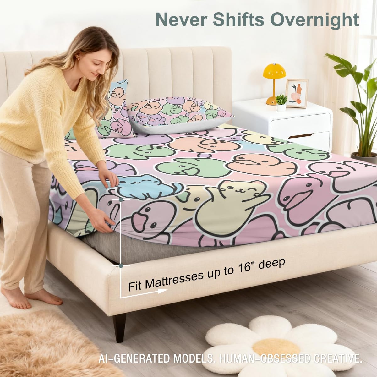 ARIGHTEX Pastel Duck Fitted Sheet Set Twin Size, 3 Pieces Cute Kawaii Animal Bedding with Cat & Duck Pattern, Soft Microfiber Bed Sheets for Girls Aesthetic Room Decor Gift