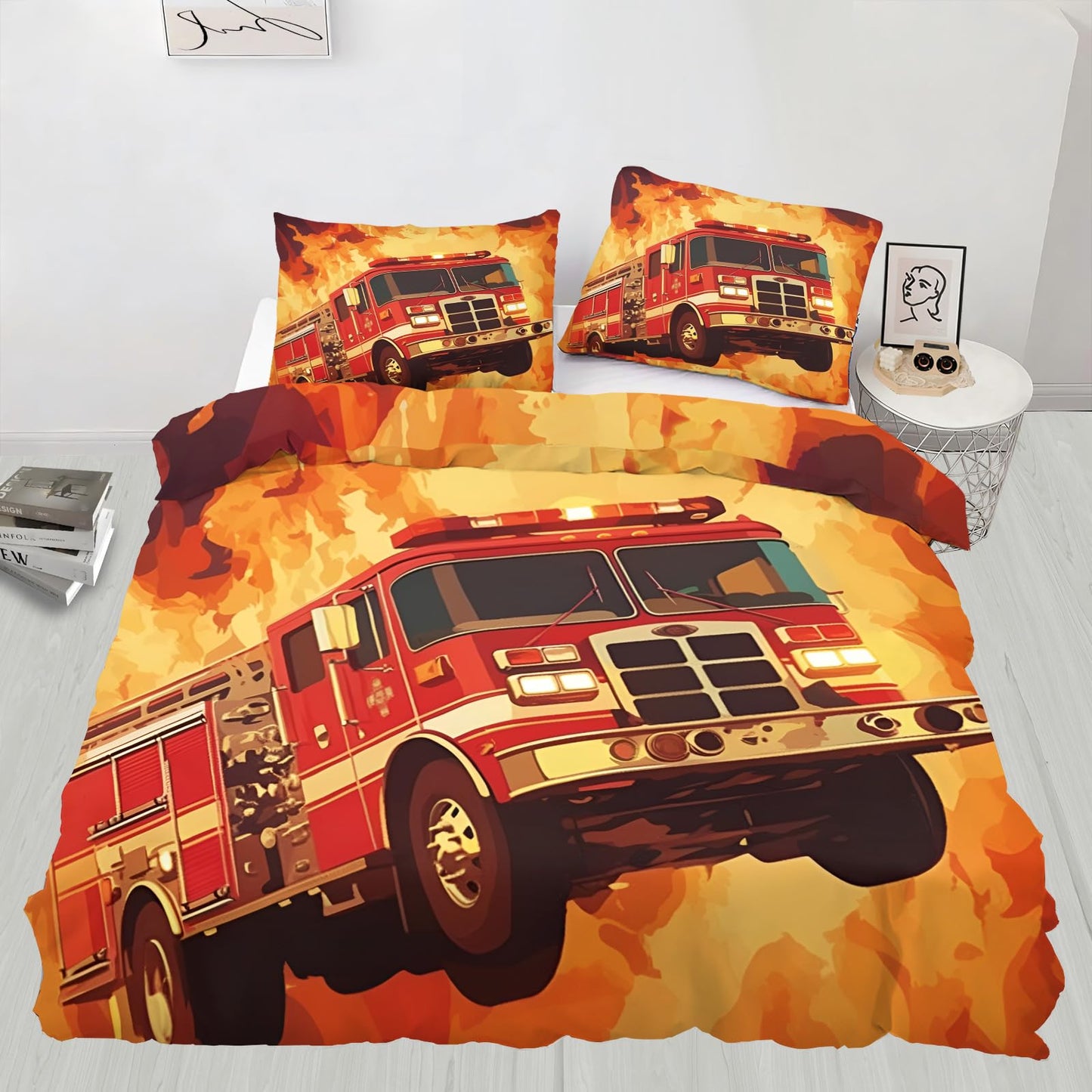 QINYUN Fire Truck Car Duvet Cover King Size, Flame Fire Engine Bedding Set 3 Piece Bedroom Decor Red Truck Patterned Comforter Cover with Zipper Ties & 2 Pillowcases