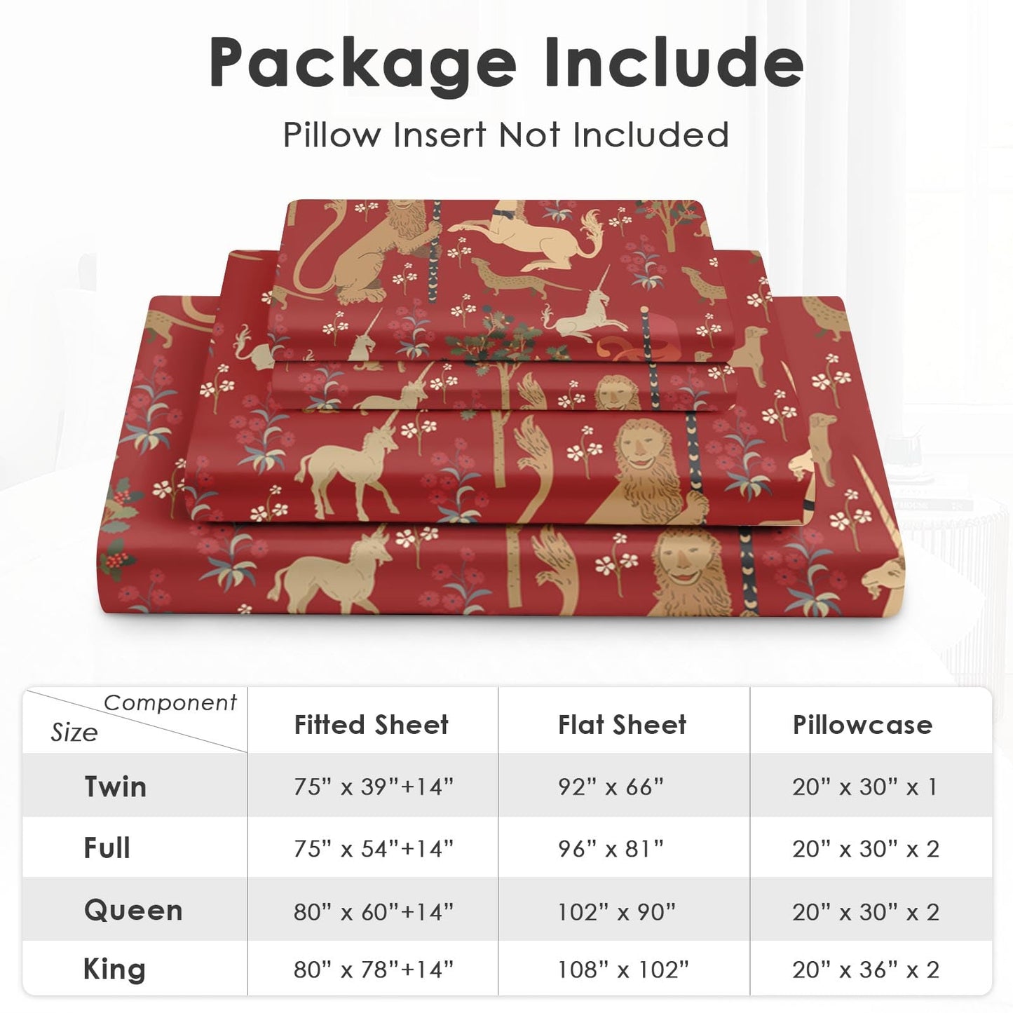 Pamnest Full Size Bed Sheet Sets, Medieval Beige Lion Soft Microfiber 4 Pcs Bedding Sets for Kids and Adults Bedroom Bed Decor, Green Tree Unicorn Retro Flat, Fitted Sheet and 2 Pillowcases