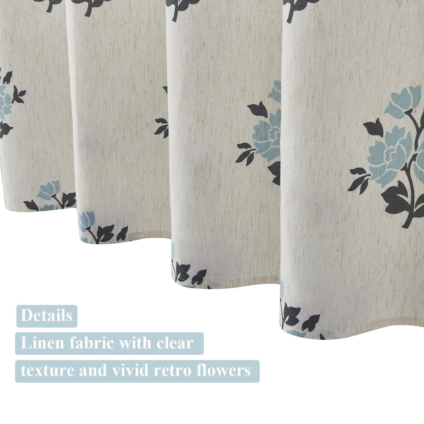ORTIGIA Linen Blue Shower Curtains for Bathroom Boho Farmhouse Block Print Shower Curtain Set with Metal Hooks Floral Waterproof Aesthetic Rustic Fabric Bath Curtain for Home, Weighted, 72x72