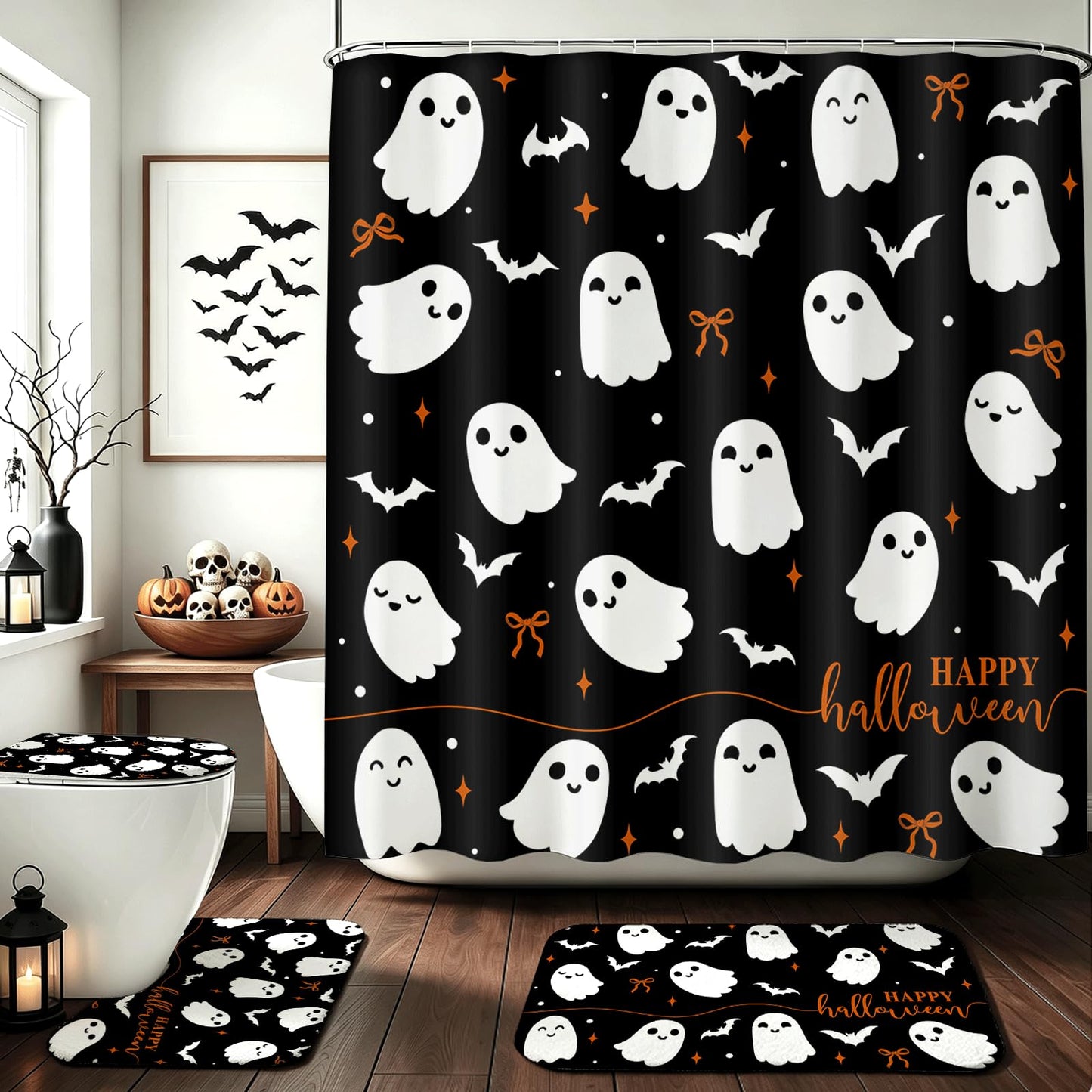 Mocsicka 4Pcs Halloween Shower Curtain Set Black Spooky Bow Ghost Shower Curtain Set for Halloween Bathroom Decor with Anti-Slip Waterproof Bathtub Bathroom Rugs Toilet Lid Cover
