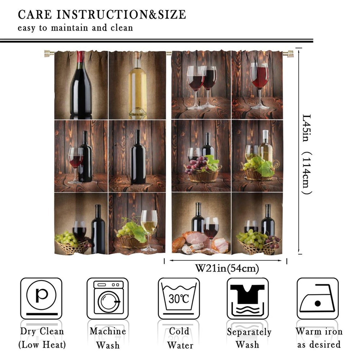 BenYaSong Wine Decor Window Curtain Wine Themed Collage on Wooden Backdrop with Grapes and Meat Rustic Country Drink for Home Kitchen Livingroom Coffee Room Window Curtain Drapes 2 Panels 42x45 Inch