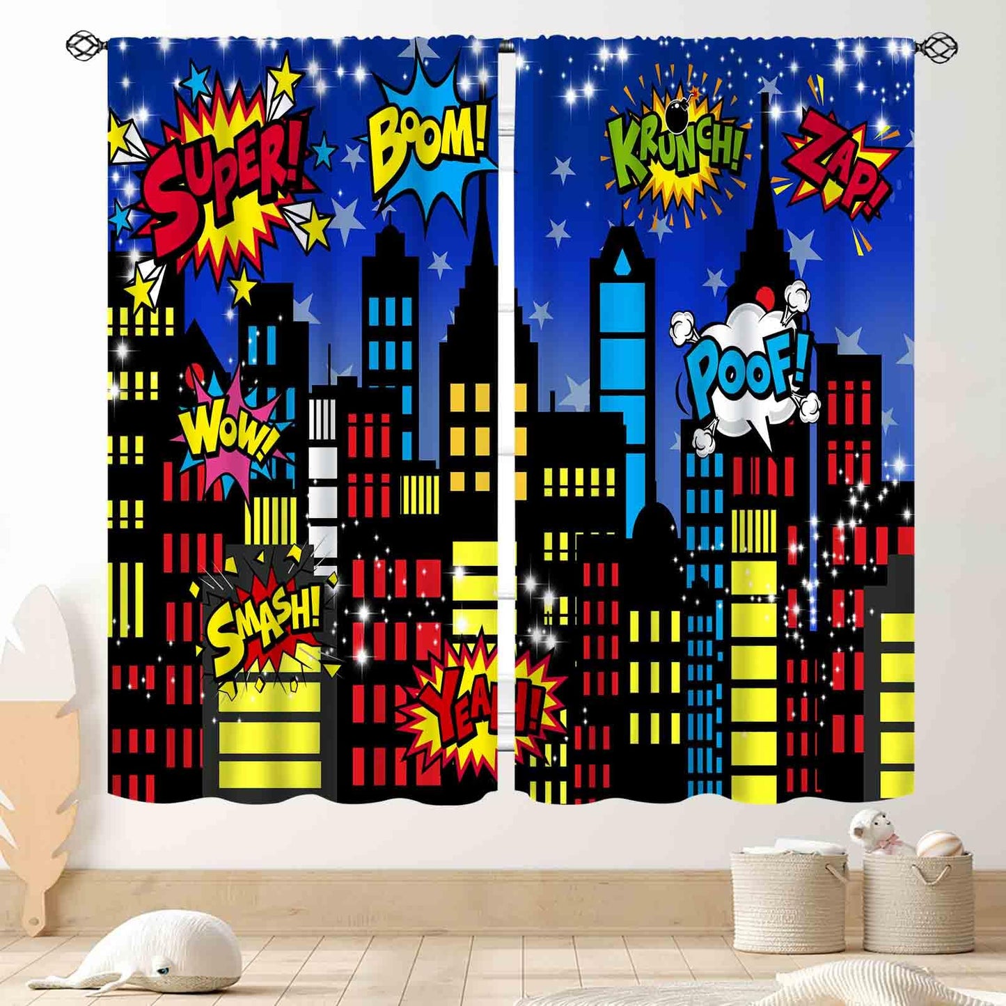 TKUYO Superhero City Curtains, Comic Night Starry Skyline Cityscape Buildings Comic Blackout Window Curtains for Boys Kids Baby Room Bedroom Living Nursery 2 Panel Sets, 42"x45" Inch