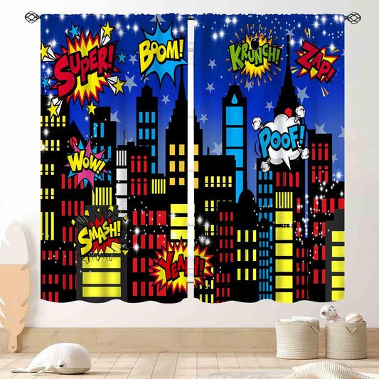 TKUYO Superhero City Curtains, Comic Night Starry Skyline Cityscape Buildings Comic Blackout Window Curtains for Boys Kids Baby Room Bedroom Living Nursery 2 Panel Sets, 42"x45" Inch