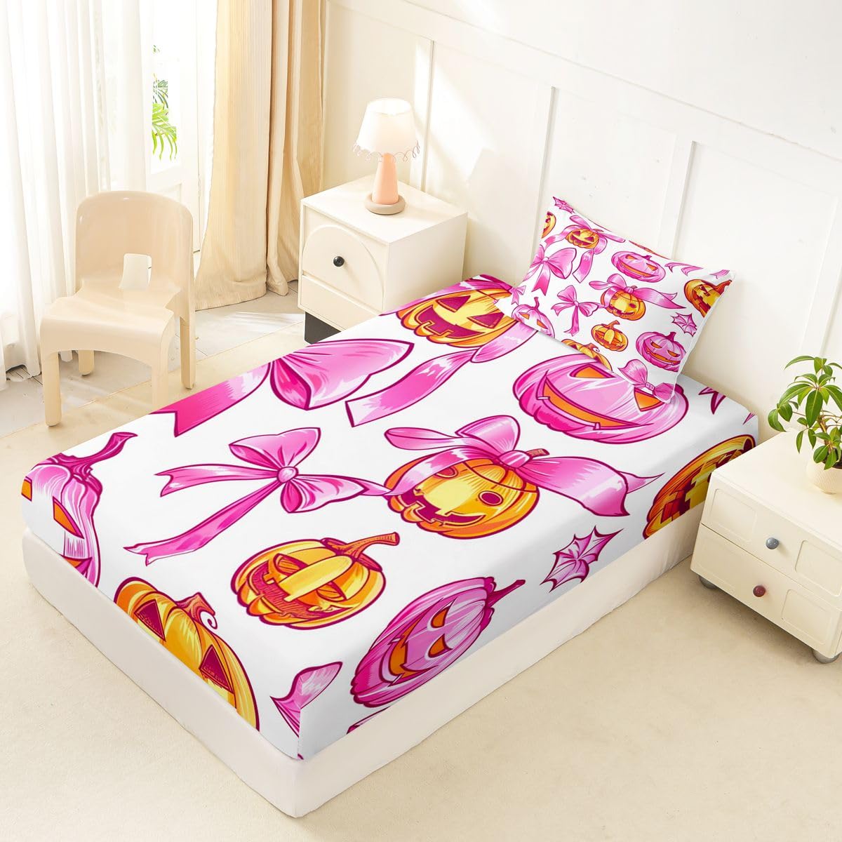 Feelyou Fitted Sheet with 1 Pillowcase Twin Size Halloween Themed Bed Sheets Set 16" Deep Pocket Boys Girls Bowknot Bedding Pink Orange Teens Bedroom Decor Breathable Soft Lightweight Microfiber