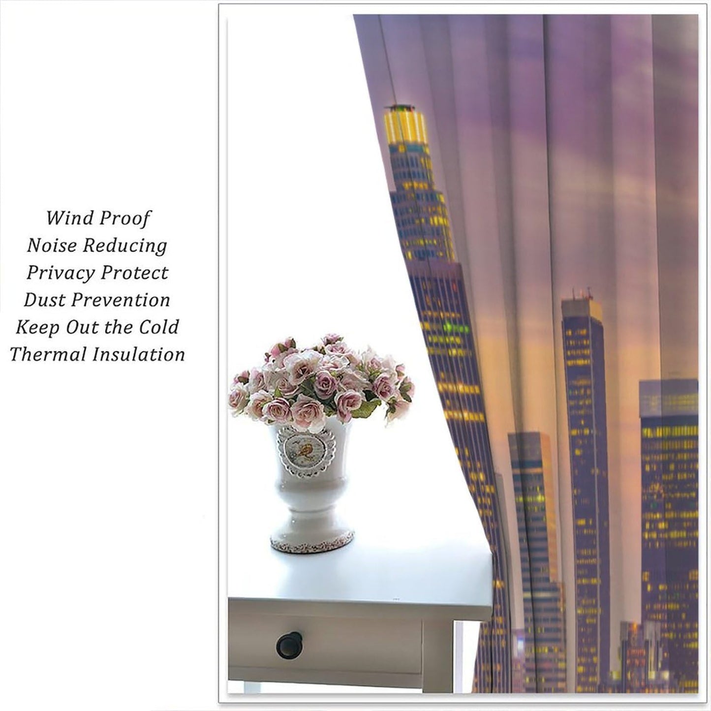 JADERYS Cityscape Curtains City Building Skyline Dreamy Purple Sky Sunset View Art Print for Bedroom Living Room Kitchen Blackout Rod Pocket Decoration Window Drapes 2 Panels W21xL45in