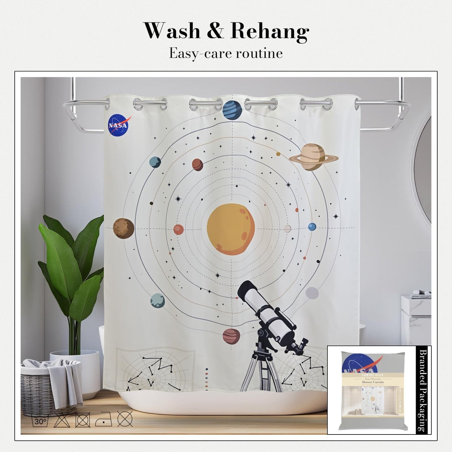 DRIFTED ROOT NASA Licensed No Hook Shower Curtain Set, Orbits and Telescope Design, Space Poster Art, Oxford Cloth, Bathroom Hotel Decor (Home Observatory-White, 72" W x 74" L (Pack of 1))