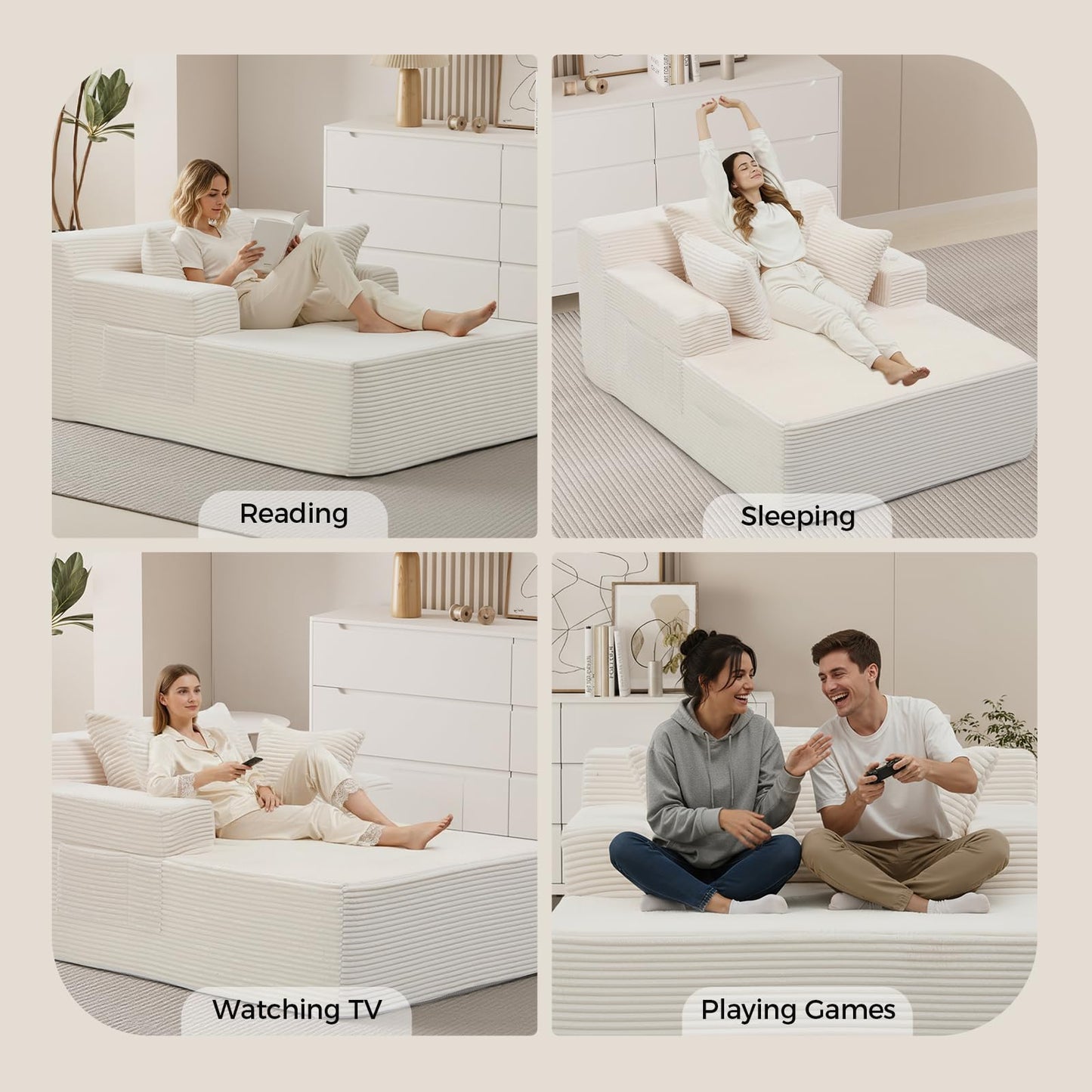 65" Chaise Lounge Chair Indoor, Oversized Corduroy Sofa Bed with 3 Pillows, Boneless Sleeper Couch Chairs, Cloud Sleeper Sofa for Bedroom Living Room with Storage Pocket & Cup Holder, White