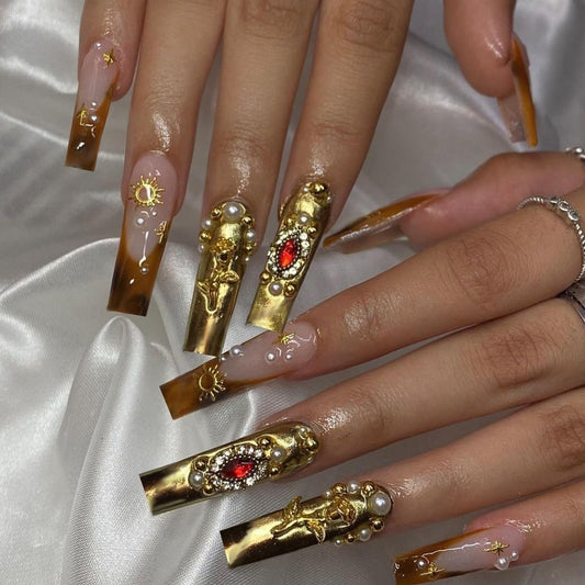 plalely Square Press on Nails Long Gold Fake Nail3D Embossed Acrylic Nail Press ons Red Rhinestones Stick on Nails for Women 24pcs