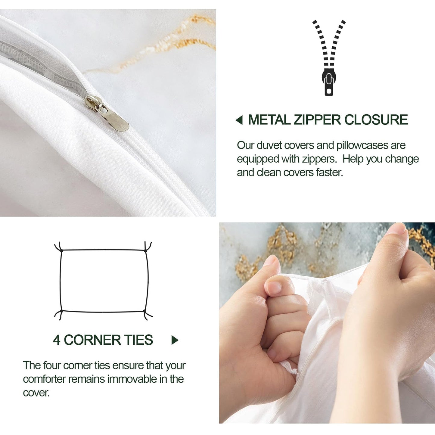 PAISUOQ Marble Duvet Cover Full Size, Golden Texture Bedding, 3 Piece, Soft Microfiber Patterned Comforter Cover with Zipper Ties & 2 Pillowcase, White & Teal Bedroom Decor & Gifts