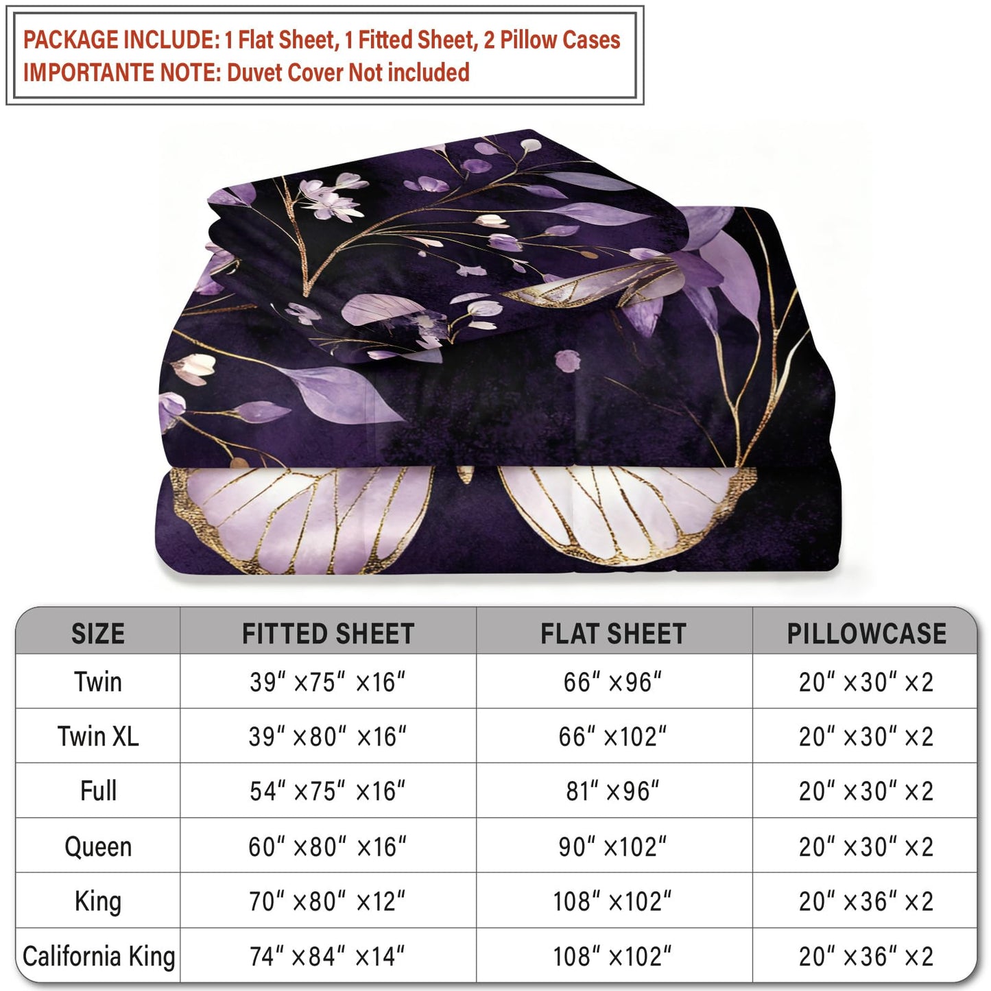 ZAOMIR Purple Butterfly Sheet Set King for Girls, Animal Floral Bed Sheets Set 4Pcs Elegant Flower Leaves Bedding Sheet Sets (Fitted & Flat Sheet+2 Pillowcases)