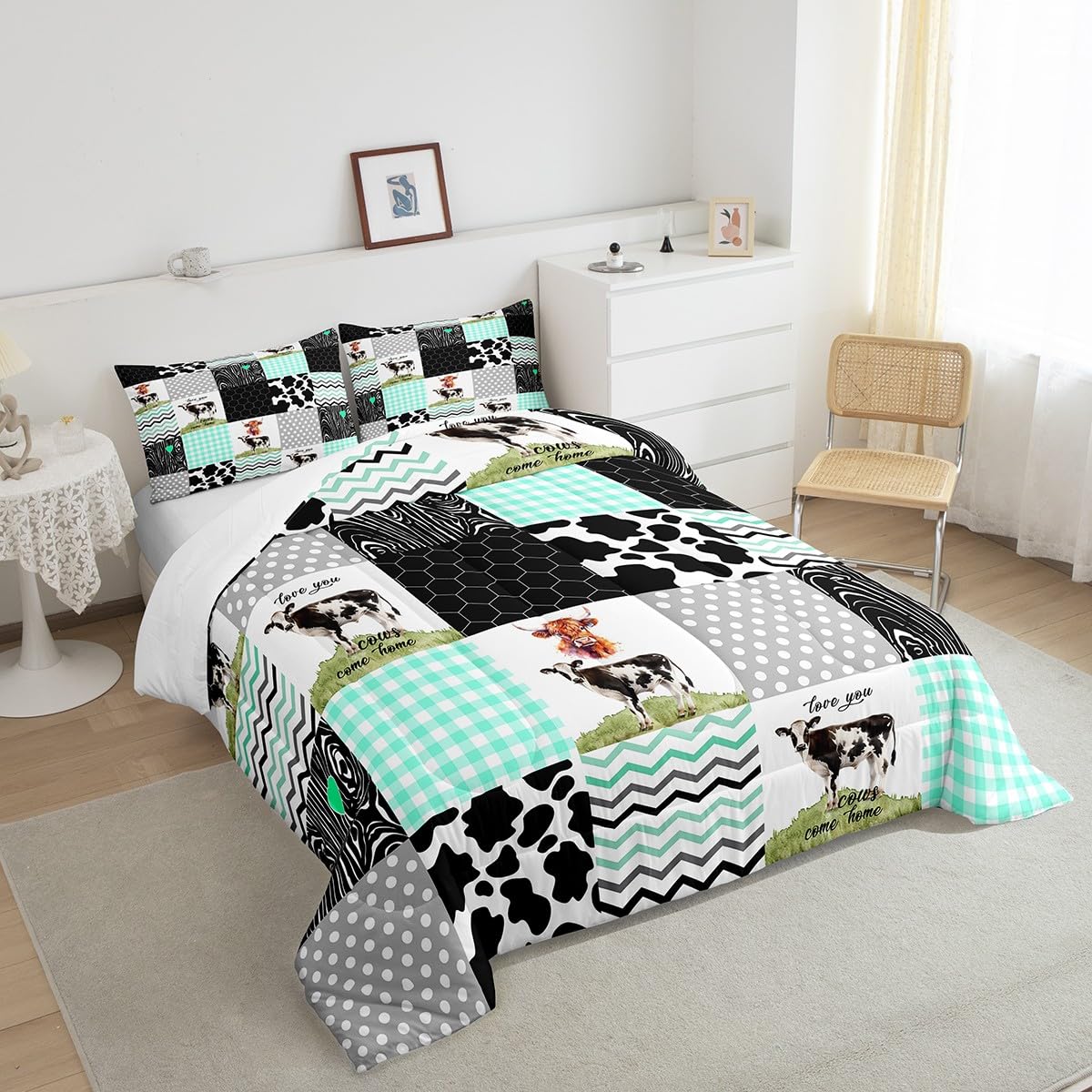 Erosebridal Cute Cow Print Comforter Set Queen Size Kawaii Highland Cow Bedding Set Bedroom Decor Honeycomb Plaid Pattern Geometric Stripes Down Comforter Farm Animals Duvet Set, Green Black Grey