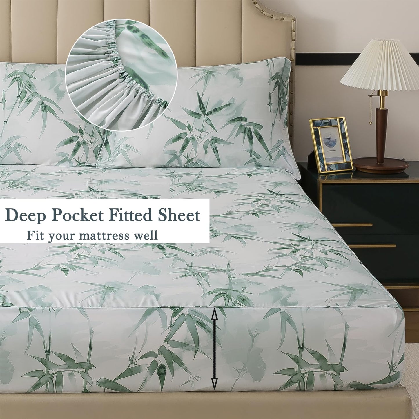 FADFAY Twin Size Sheet Set, 70% Viscose Derived from Bamboo, 30% Cotton 4 Pieces Country Style Green Leaves Print Bedding, Deep Pocket Fitted Sheet
