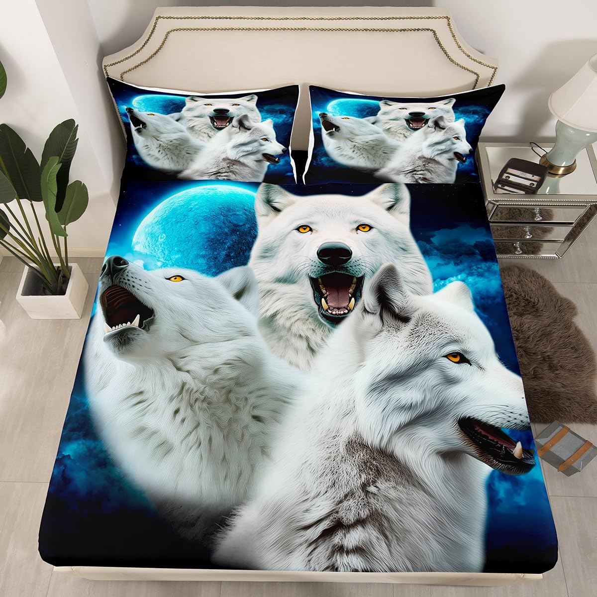 Manfei White Wolf 3D Print Fitted Sheet Full Size Night Moon Bedding Set 3pcs for Kids Teens Room Decor,Wild Animals Bed Cover Soft Breathable Bed Sheet Set with 2 Pillowcases