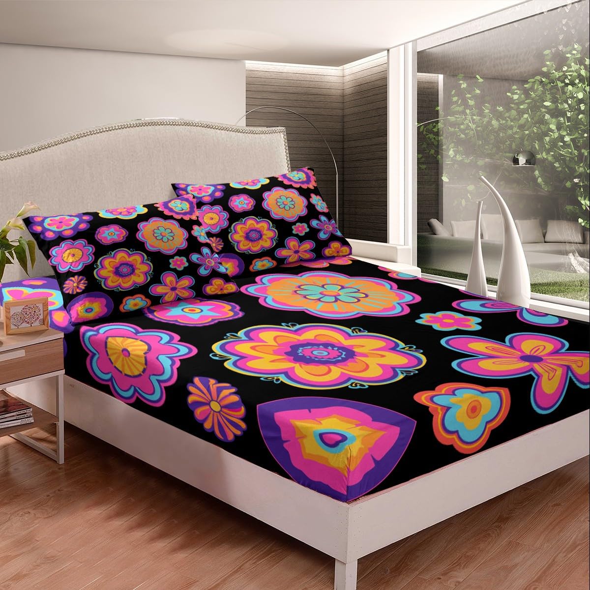 Erosebridal Groovy Flower Power Bedding Set Full Girls Neon Purple Black Vintage Floral Bed Sheets Hippie Aesthetic Psychedelic Botanical Sheet Set Soft Fitted Sheet + Flat Sheet + 2 Pillow Cases