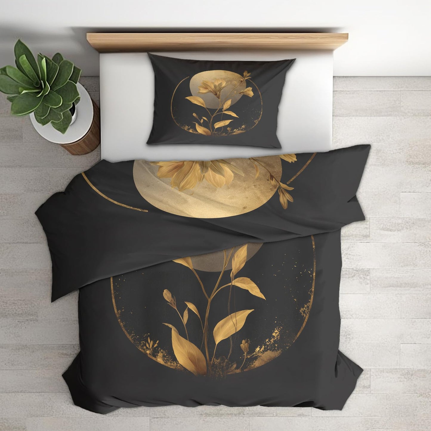 Golden Floral Moon Full Duvet Cover Set 3 Piece, Black Flower Reversible Bedding with 2 Pillow Shams, Zipper & Ties, Ultra Soft Microfiber, Floral Bedroom Decorations 69A-R