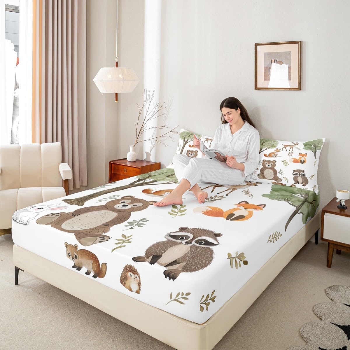 jejeloiu Woodland Animals Bedding Sheets Queen Size Bear Fox Bed Sheet Set for Kids Boys Girls Neutral Theme Fitted Sheet Forest Animal Bed Cover 3Pcs,1 Fitted Sheet+2 Pillow Sham（No Flat Sheet）