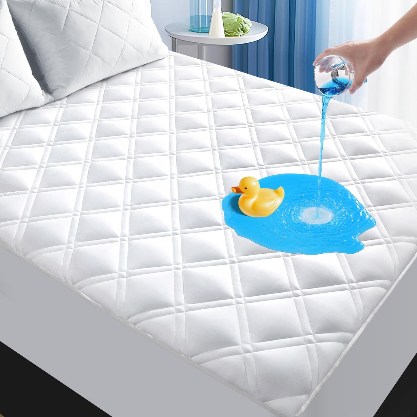 MEELUS Padded Twin Mattress Protector, Breathable Waterproof Mattress Pad Cover Fitted Deep Pocket 8"-21", Soft Noiseless Mattress Cover Washable Cooling for Home Dorm Bedroom, White