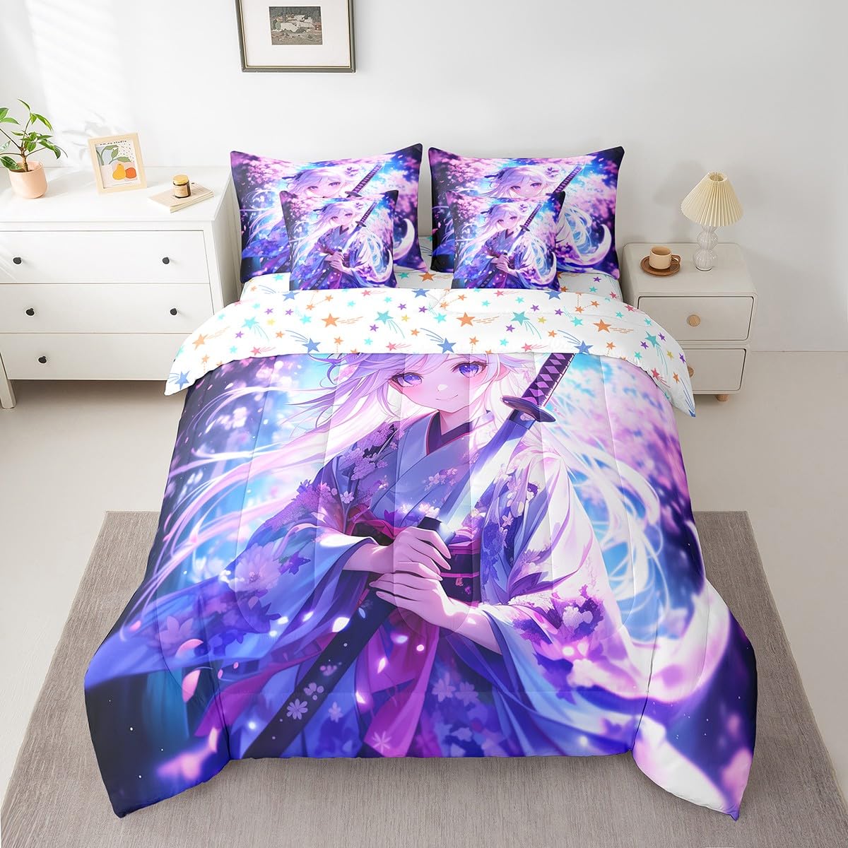 Erosebridal 7 Piece Anime Girl King Comforter Sets for Kids, Kawaii Japanese Anime Bedding Set Cartoon Girl Bed in A Bag Sci Fi Style Japanese Animation Sheet Set for Kids Girls Teens Bedroom