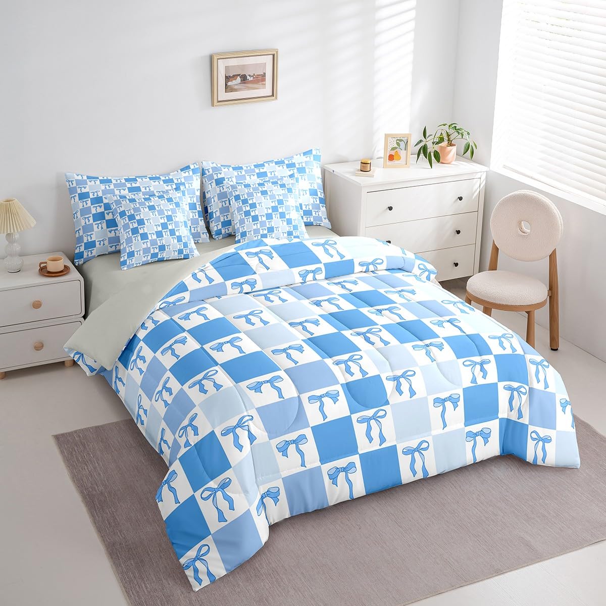 Erosebridal Ribbon Bow 7 Piece Bedding Set Twin Comforter Set with Sheets Princess Preppy Bowknot Kawaii Bed in a Bag Dreamy Grid Check Blue for Kids Girls Women