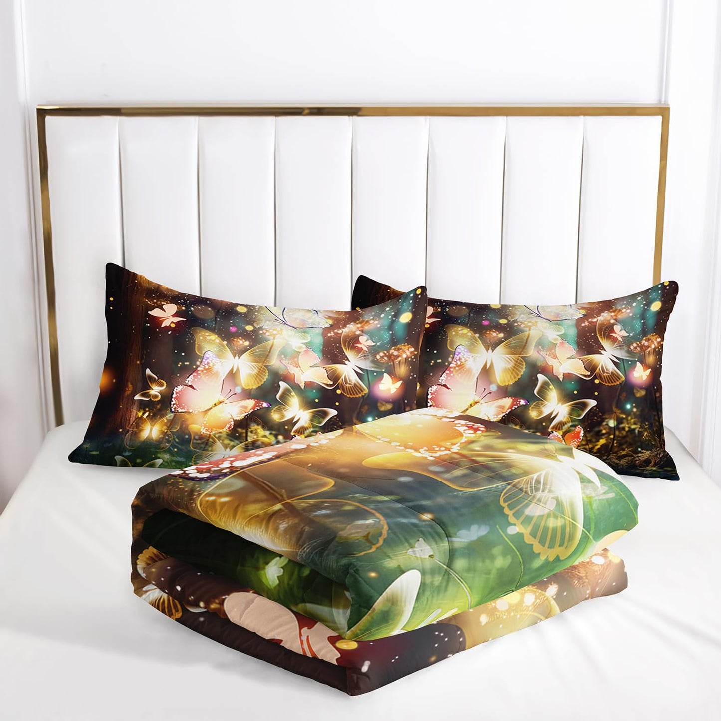 AILONEN Butterfly Comforter Set Queen Size, Fairy Tales Forest Beautiful Princess Girls Bedding Set, 3 Pieces Soft Lightweight Quilt with 2 Pillowcases