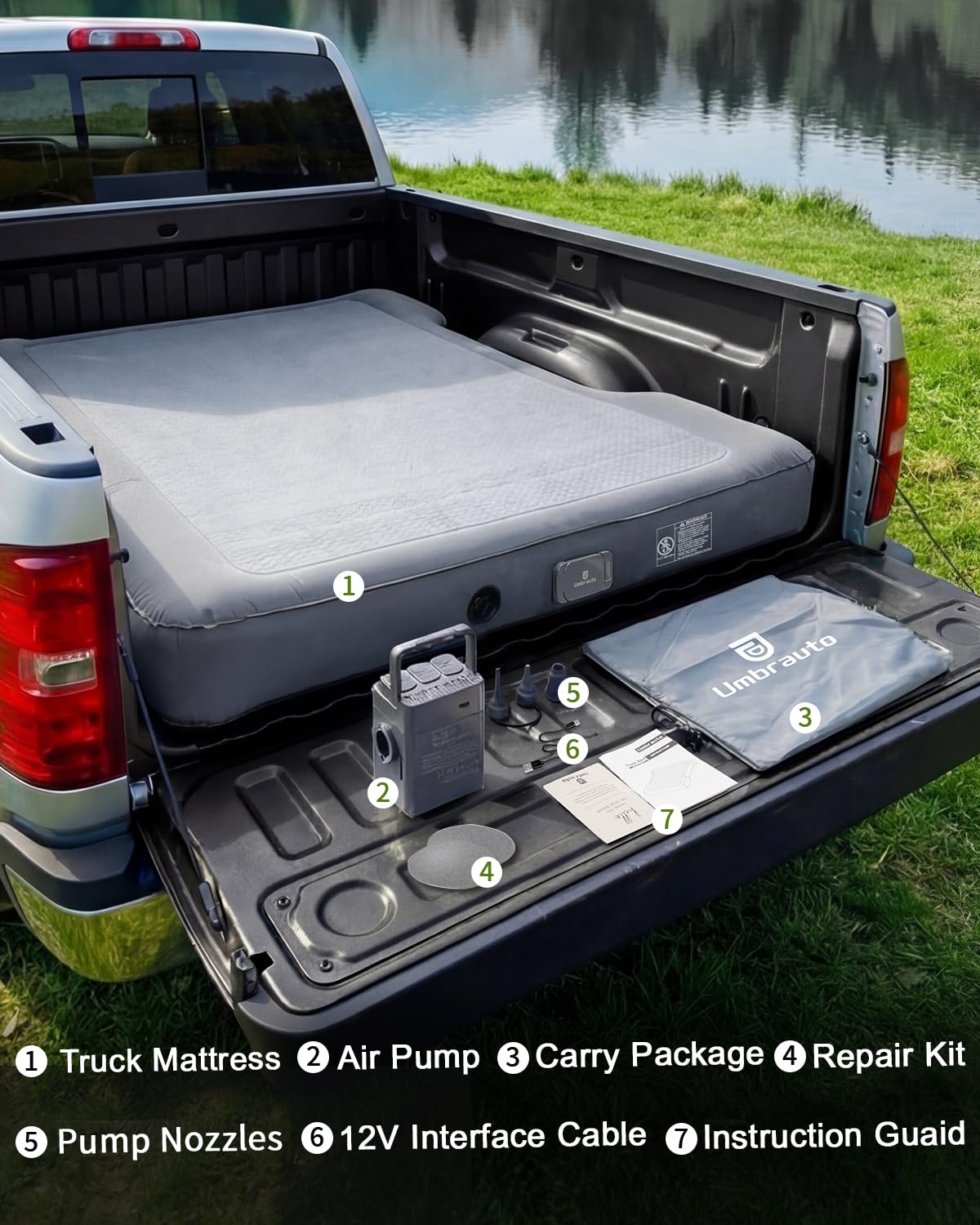 Umbrauto Upgraded Truck Bed Air Mattress for Full Size Short Beds 5.5-5.8ft, Drop-Stitch Tech with Built-in Pump, Heavy Duty Silent Inflatable Tent Bed for Outdoor Camping