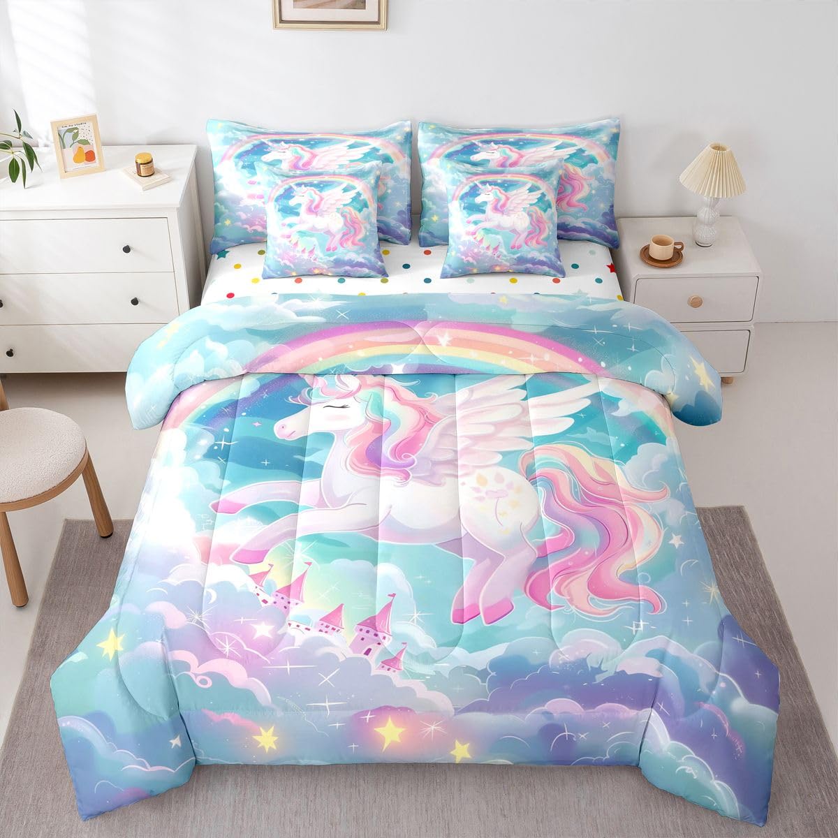 Feelyou Pink Unicorn Twin Comforter Set with Sheets for Kids Boys Girls Rainbow 7 Pieces Bedding Set Princess Decor Bed in a Bag Cute Animal Room Decor Soft Lightweight Microfiber