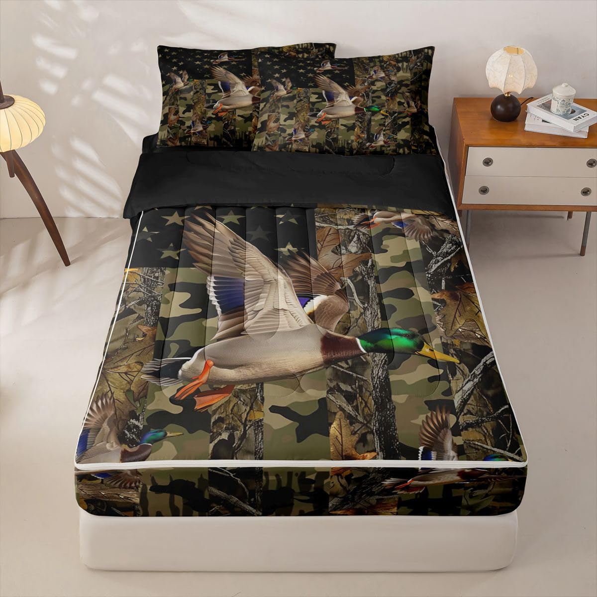 jejeloiu Mallard Duck Hunting Camo Zipper Bedding Sets for Kids Boys Girls Rustic Western Duck Twin Comforter Set with Fitted Sheet American Flag Bedroom Decor Microfiber with 2 Pillow Cases